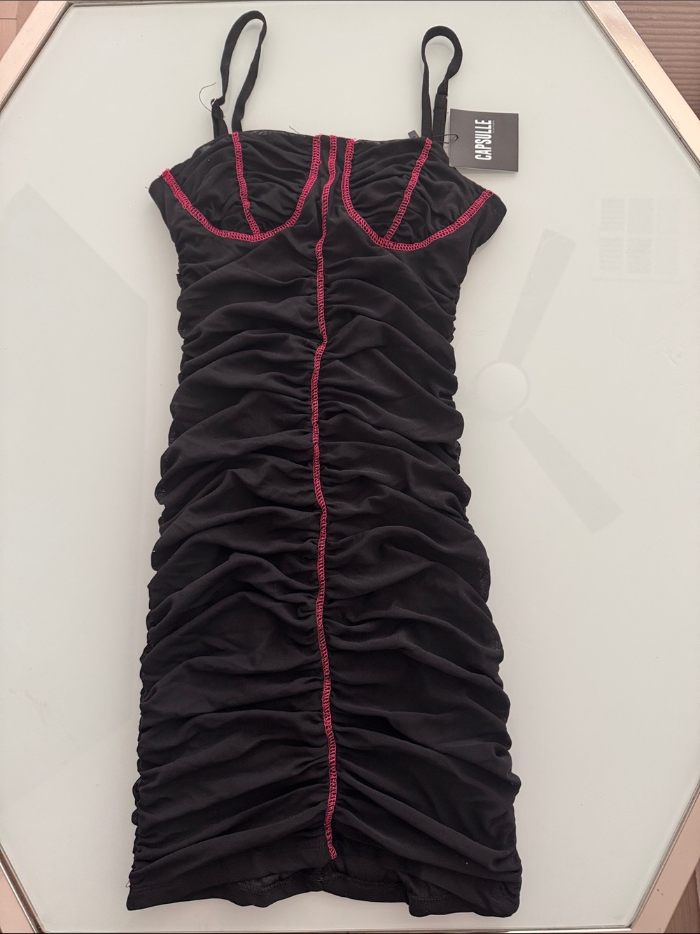 Capsule Black Ruched Bodycon Dress with Pink Contrast Stitching